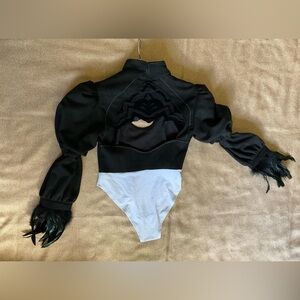 Miccostumes Black&White Anime Cosplay Body Suit Suede Like Top with Feather